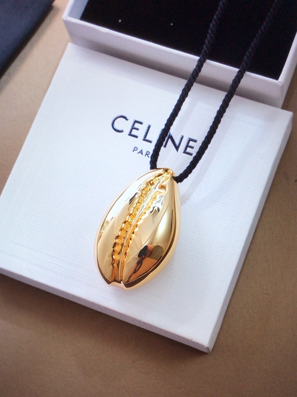 Celine Gold Teardrop Pendant Necklace with Black Cord - Picture 4 of 6